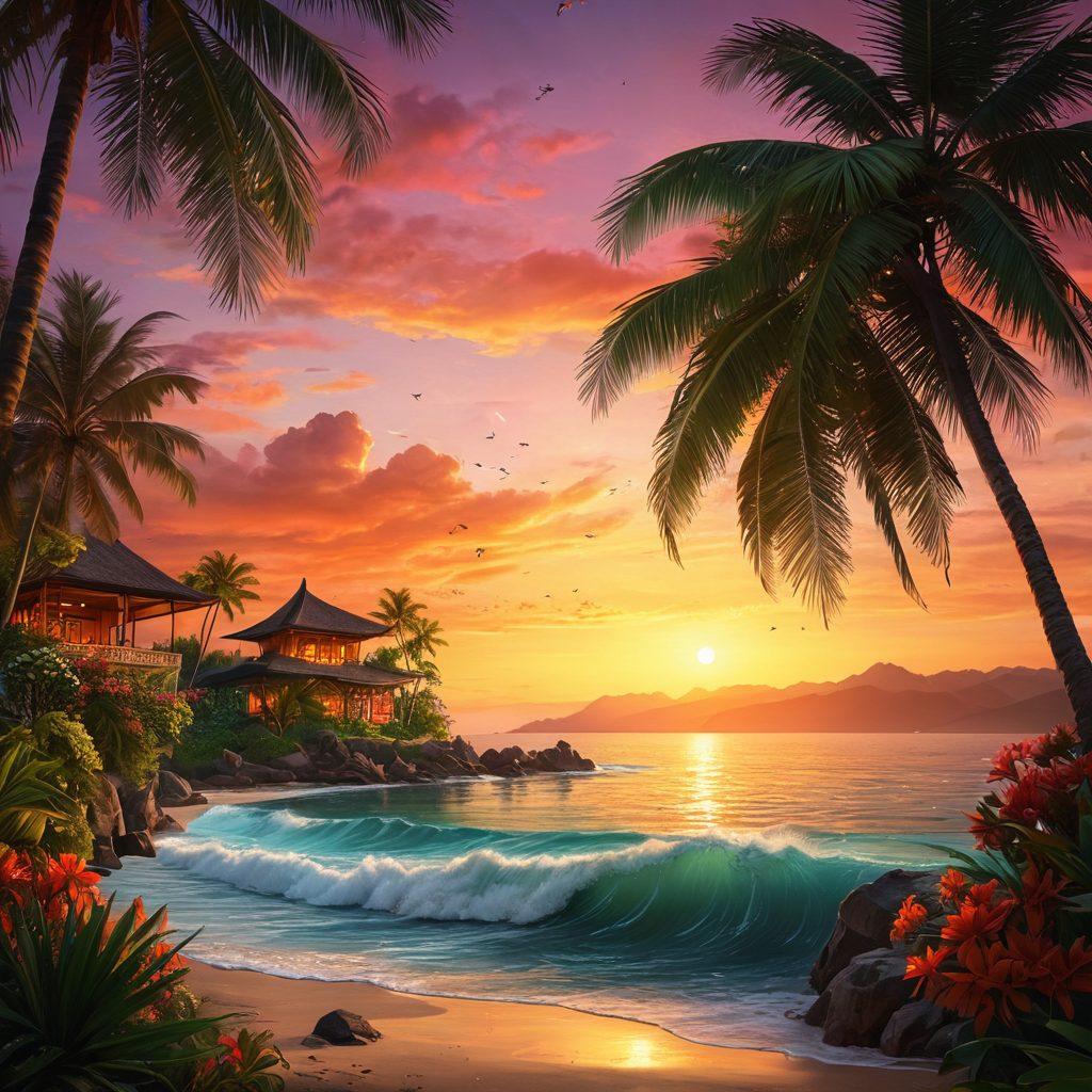 An exotic, lush Indonesian landscape at sunset, featuring two lovers embraced under a vibrant palm tree, soft waves gently lapping at the shore. Add a backdrop of colorful traditional Indonesian architecture and twinkling fireflies, evoking romance and warmth. Illustrate intricate floral patterns intertwined with the scene. super-realistic. vibrant colors. 3D.