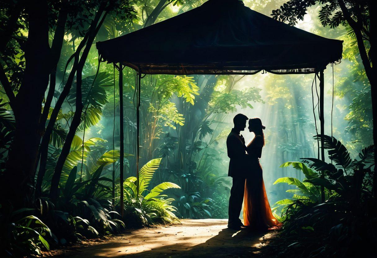 A mysterious and romantic scene set in a lush Indonesian jungle, featuring silhouettes of a couple embracing under a canopy of vibrant greenery, with soft rays of light breaking through the leaves. Include elements of traditional Indonesian motifs subtly blended in the background, enhancing the sense of allure. The atmosphere should evoke a sense of forbidden passion, making the viewer feel intrigued. painterly style. rich colors. soft focus.