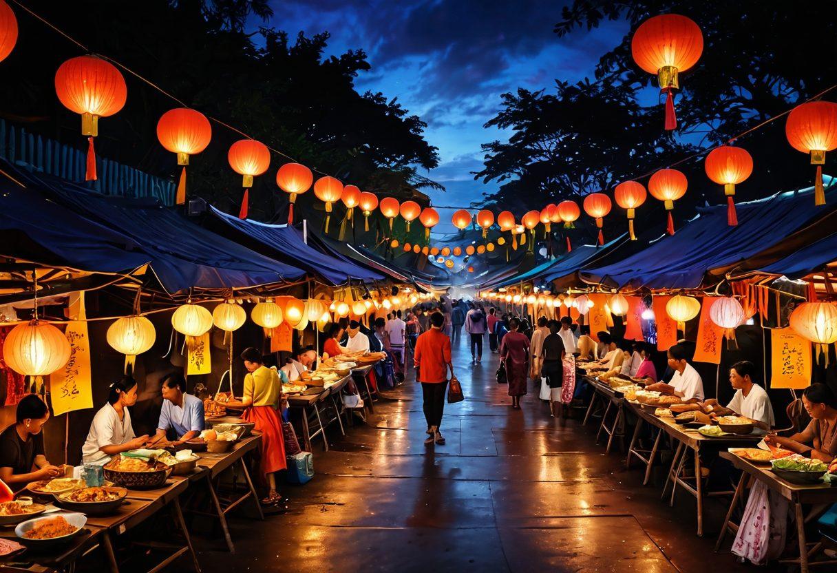 A vivid portrayal of a bustling Indonesian night market, with colorful stalls showcasing traditional art and alluring performances. Highlight a couple enjoying a moment of intimacy amidst the lively atmosphere, illuminated by warm lanterns and neon lights. Include hints of local culture with traditional clothing and delicacies in the background, creating a juxtaposition of passion and entertainment. painting. vibrant colors. atmospheric lighting.